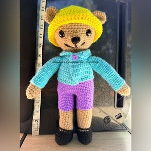 Handmade Crochet Bear Toy with Blue Jacket